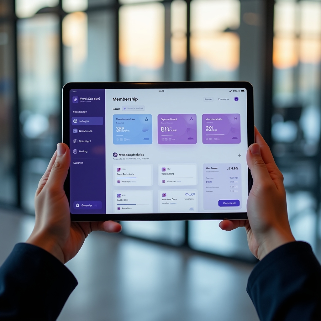 Member portal dashboard showing class schedules and membership status on a tablet