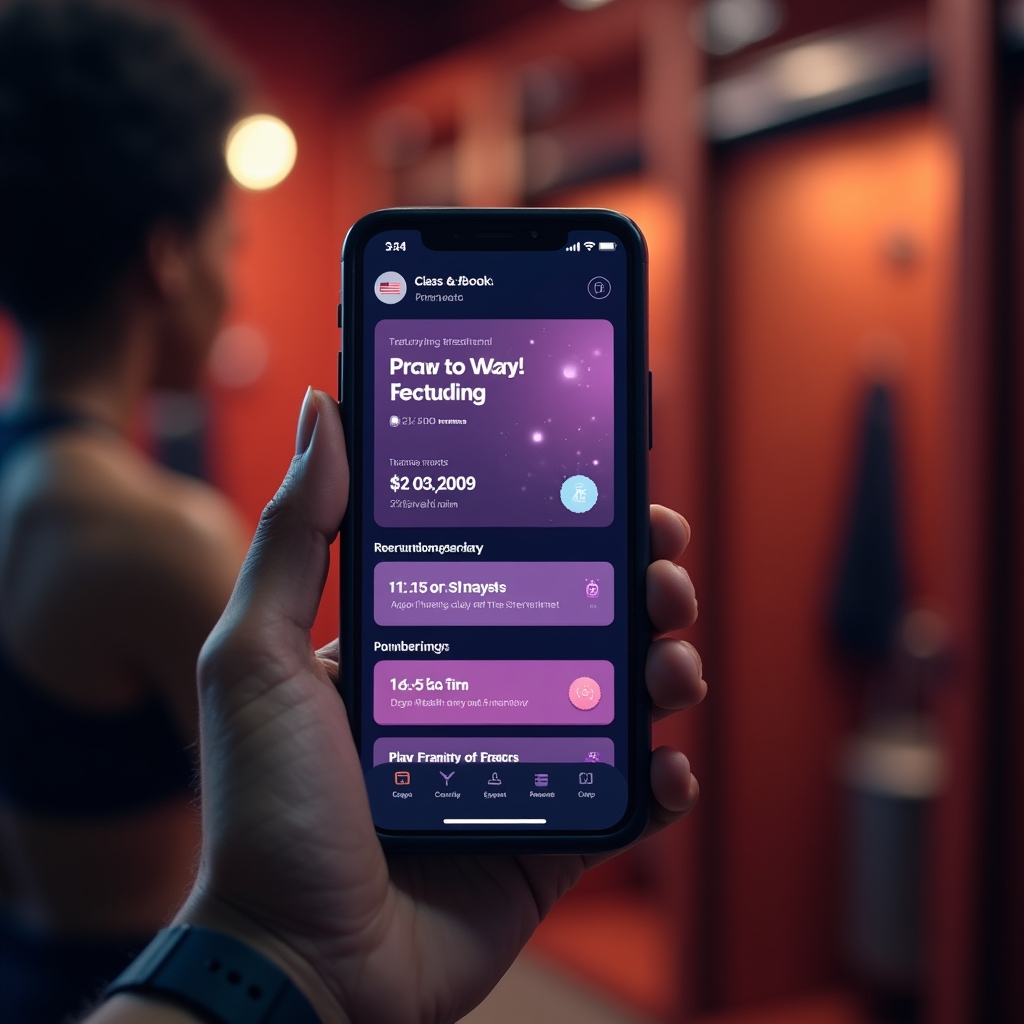Member portal interface on a smartphone showing schedule, announcements, and membership details in a clean app design