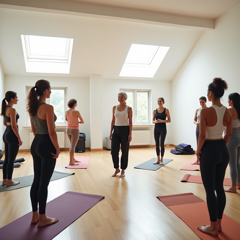 Yoga studio with members gathering before a class, representing a welcoming membership community